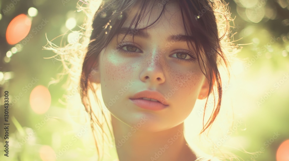 Fototapeta premium A beautiful young woman looks directly into the camera with freckles