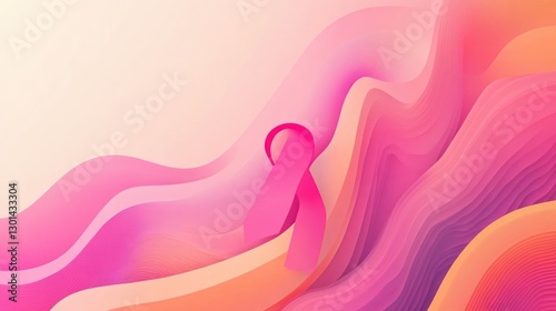A pink ribbon displayed in a fluid abstract background design