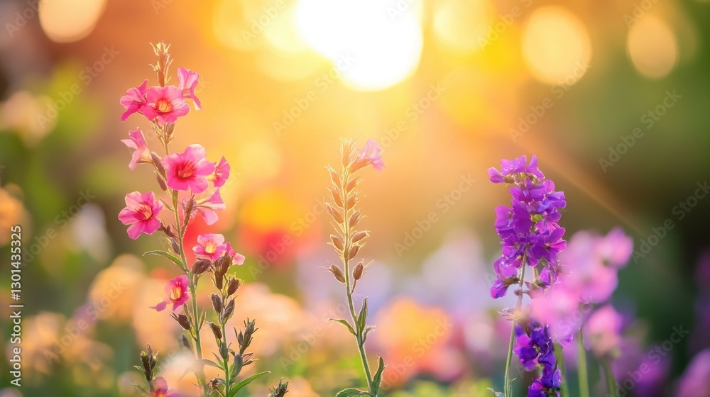 Fototapeta premium Beautiful pink and purple flowers with bright sunlight background