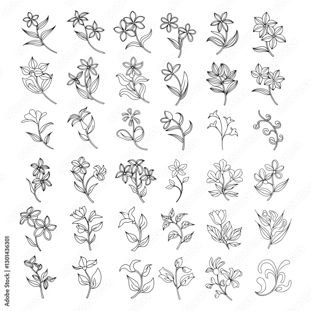 Collection of simple delicate hand drawn flowers, leaves and branches in line art style. Trendy Botanical abstract line arts, hand drawn bouquets of herbs, flowers, leaves and branches, vector illustr