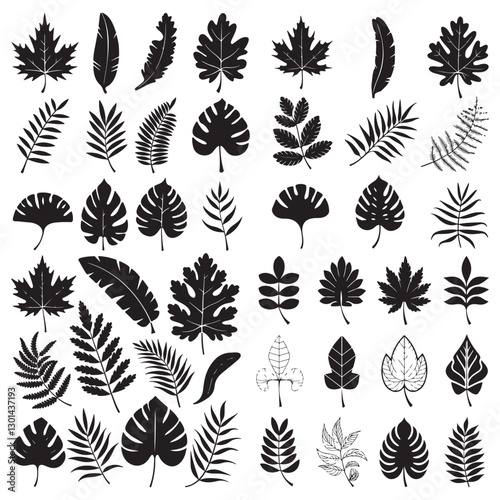 Cartoon tropical plants vector illustration set for design. Different types of exotic leaves funky Tropical Leaves Set. Vector Illustration
 Hand-drawn tropical leaves on a white background. Botanical