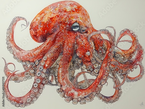 Red Octopus Watercolor Ocean Art