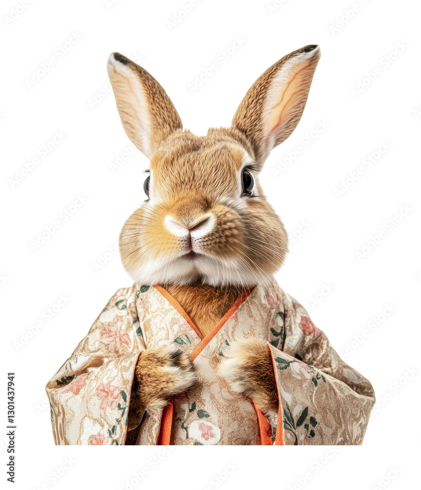 Adorable rabbit in traditional kimono costume showcasing playful personality for thematic dress-up events or children’s parties, cut out Adorable rabbit in traditional kimono costume showcasing playful personality for thematic dress-up events or children’s parties, cut out
