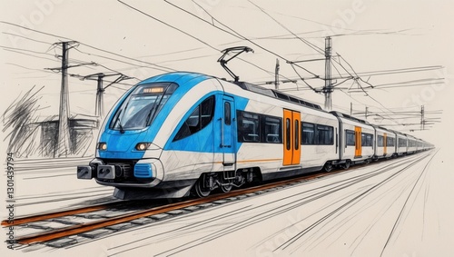 Blue train on tracks illustration. Modern passenger train with orange doors drives. Pencil style railway with electric poles and wires. Transport concept