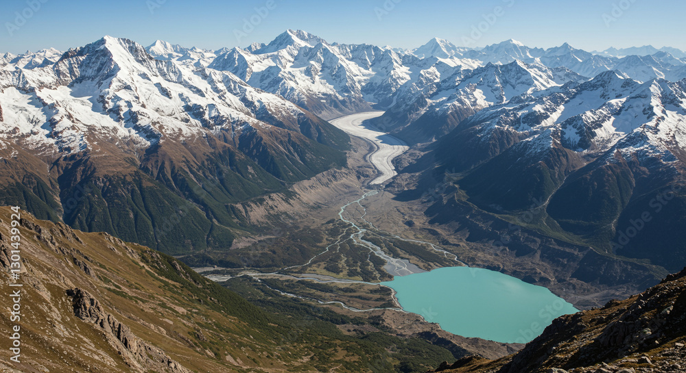 Obraz premium Majestic mountain range with a glacial lake in the valley