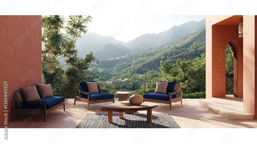Stylish outdoor seating area with mountain view, featuring modern furniture, natural elements, and a serene atmosphere, perfect for relaxation and leisure, outdoor living concept Stylish outdoor seating area with mountain view, featuring modern furniture, natural elements, and a serene atmosphere, perfect for relaxation and leisure, outdoor living concept