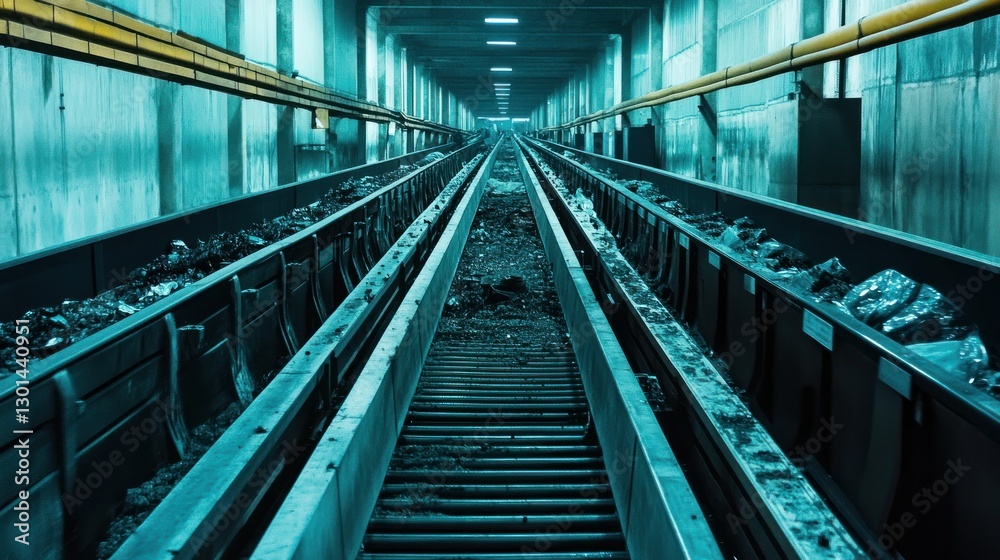 Fototapeta premium Conveyor belts transport coal and rock through a dark tunnel system