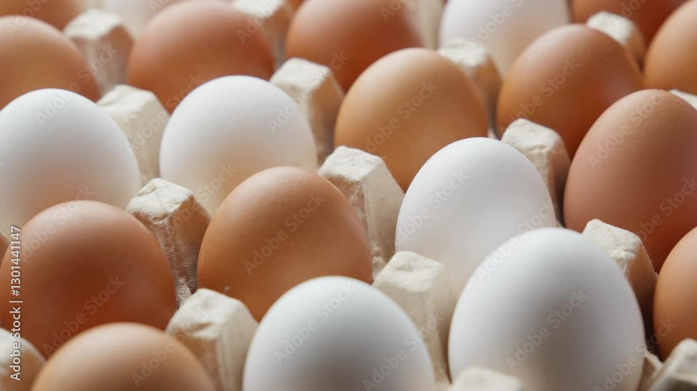 Paper tray with organic eggs rotating. Farm fresh eggs nestled in rustic paper tray. GMO free product. Chicken fresh raw eggs. Close-up in 4K, UHD Paper tray with organic eggs rotating. Farm fresh eggs nestled in rustic paper tray. GMO free product. Chicken fresh raw eggs. Close-up in 4K, UHD