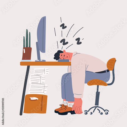 Cartoon vector illustration of a tired office worker sleeping at his desk with his head on the keyboard, exhausted from overwork and burnout