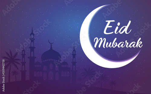eid mubarak card with crescent moon, mosque silhouette, and glowing blue and purple gradient background,vector design
