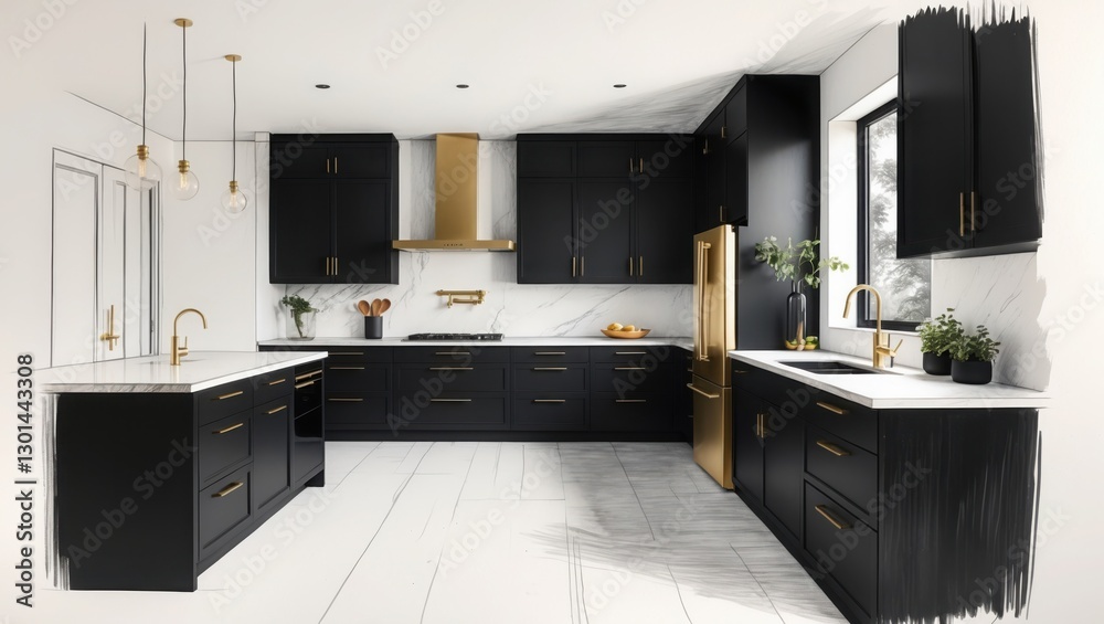 Fototapeta premium Modern kitchen design with black cabinets and gold hardware. White marble countertop and backsplash enhance luxurious look. Kitchen island provides extra space.