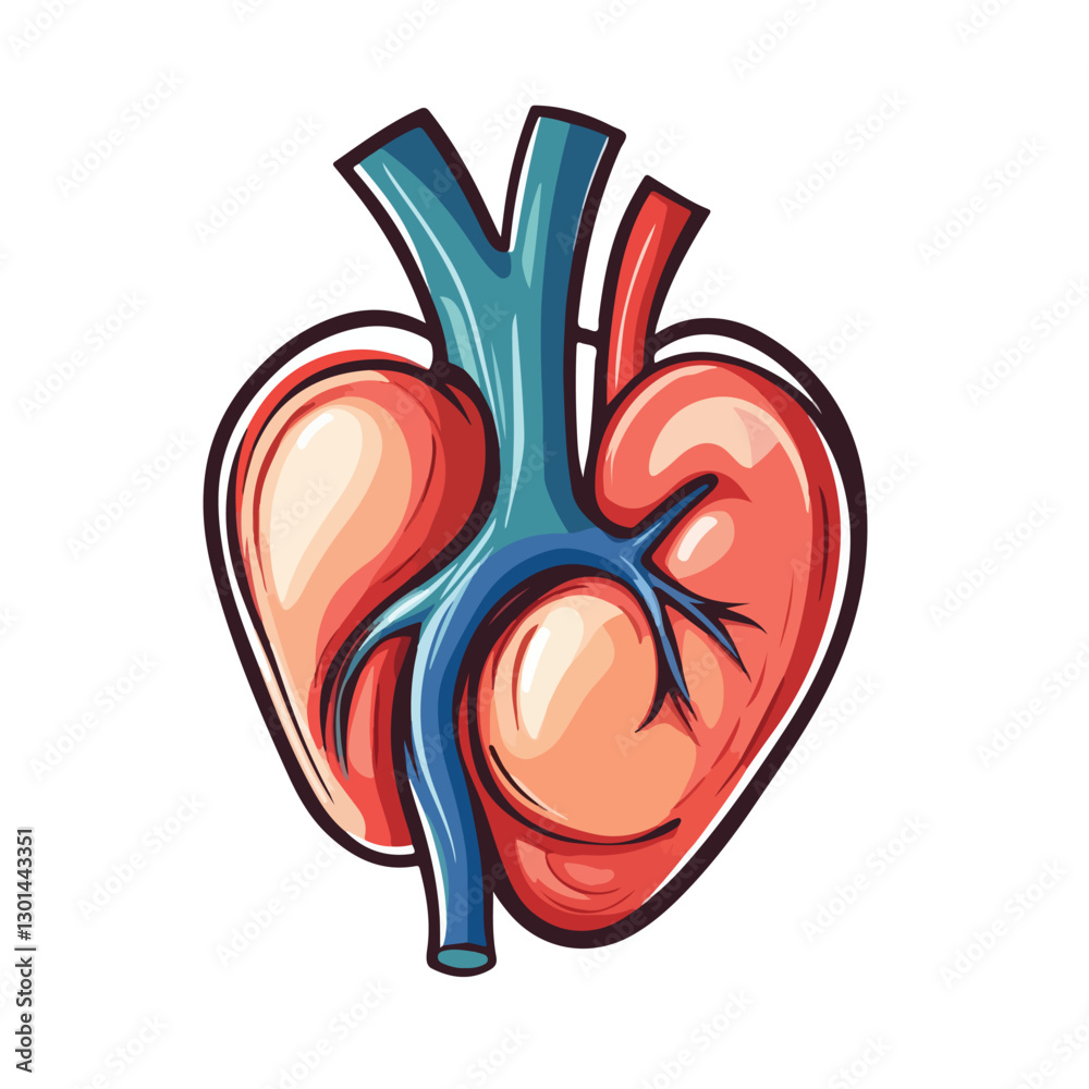 Obraz premium A realistic cartoon illustration of the human heart, showcasing veins and arteries. The heart is bright red, representing anatomical accuracy and medical detail.