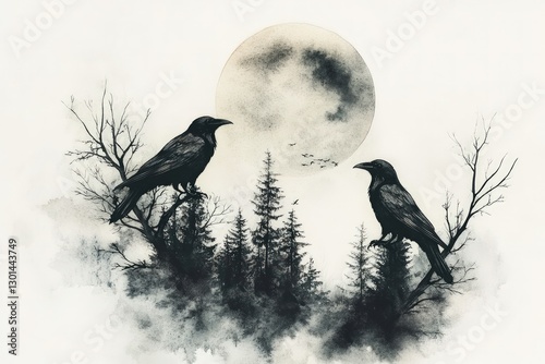 Two black crows perched on branches with a large, yellow moon in the background, silhouetted against a forest. photo