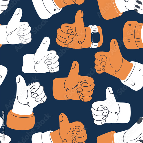 Cartoon vector seamless pattern featuring thumbs up symbols, representing positivity and approval