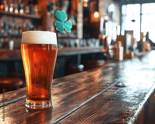 A pint of beer stands on a rustic wooden bar