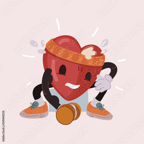 Cartoon vector illustration of a brave heart hoisting iron weights, forging constellations of vitality and passion against a twilight canvas.
