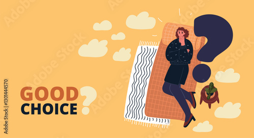 Cartoon vector illustration of a woman lost in thought with a question mark above her, symbolizing curiosity, introspection, and the quest for knowledge.