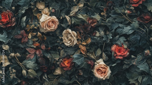 A Collection of Dark Roses and Various Green Leaves photo