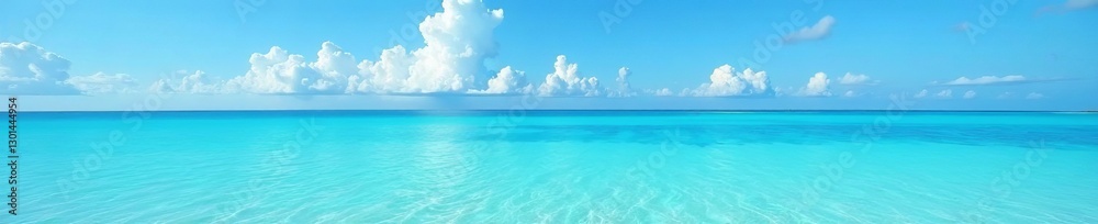 Crystal clear turquoise waters under blue sky with white fluffy clouds, blue, view Crystal clear turquoise waters under blue sky with white fluffy clouds, blue, view