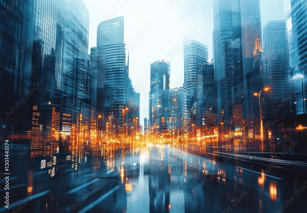 Futuristic Cityscape at Dusk with Reflections and Motion Blur, Illuminated Buildings and Busy Streets Capturing Urban Life in a Modern Metropolis Futuristic Cityscape at Dusk with Reflections and Motion Blur, Illuminated Buildings and Busy Streets Capturing Urban Life in a Modern Metropolis