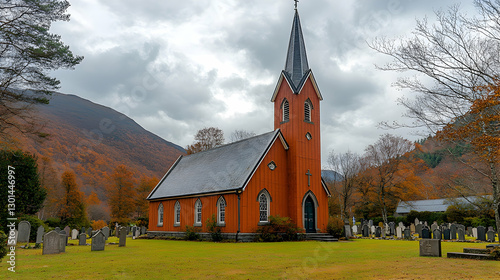 Autumnal Church in a Mountain Valley Cemetery