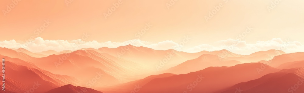 Serene Mountain Range Landscape with Light Orange Sky and Creamy White Clouds