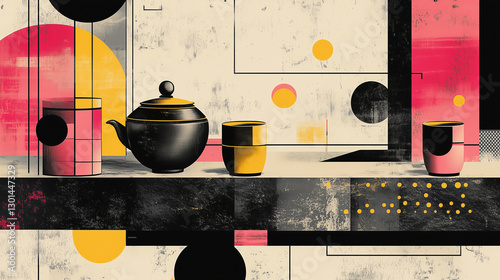 Abstract Still Life with Teapot and Cups is a modern graphic depiction of kitchen items in pop art style with bright pink and yellow accents..