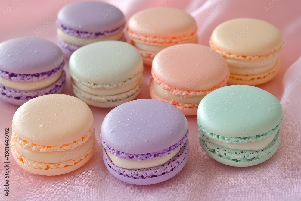 Colorful pastel macarons on pink satin fabric Colorful pastel macarons on pink satin fabric