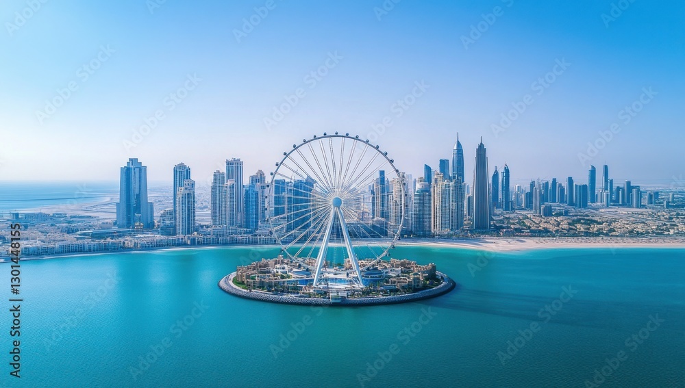 Fototapeta premium Ferris wheel on island with city skyline.