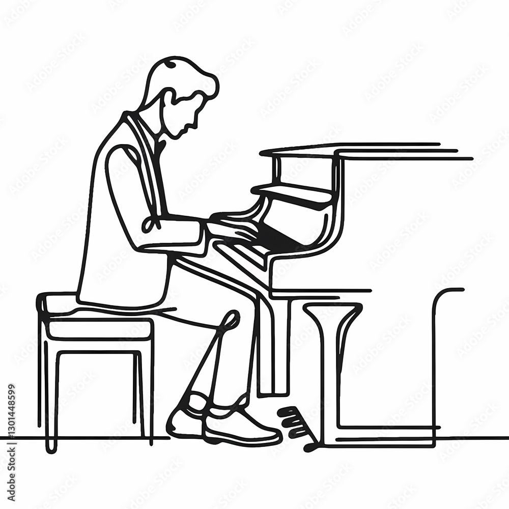 In one line black, white background, a man playing the piano In one line black, white background, a man playing the piano