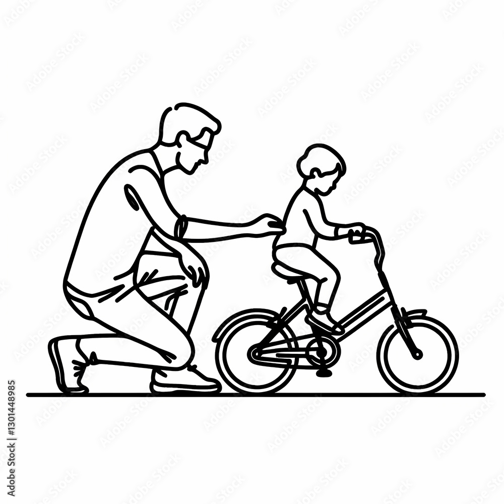 Fototapeta premium In one line black, white background, parents teaching their child to ride a bicycle