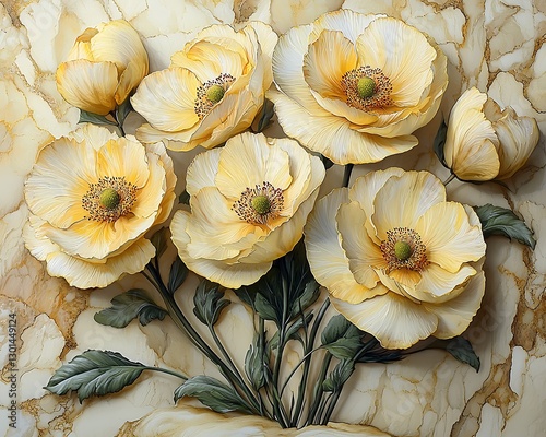 Pale Poppies on Marble Background