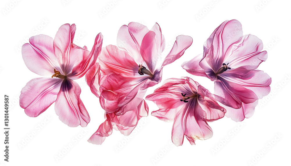 Delicate pink flowers with intricate textures suitable for decorative uses and floral arrangements, cut out