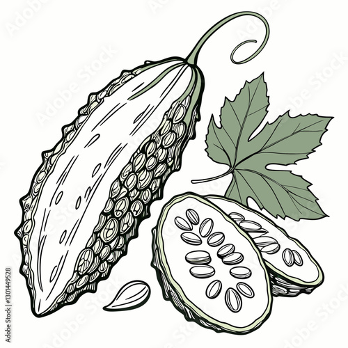 Realistic full-body vector artwork of bitter gourd with leaves