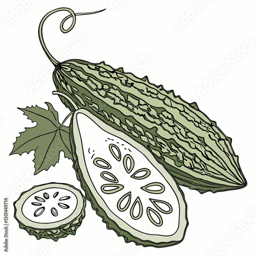 Realistic full-body vector artwork of bitter gourd with leaves