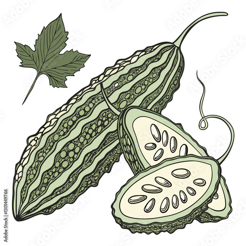Realistic full-body vector artwork of bitter gourd with leaves