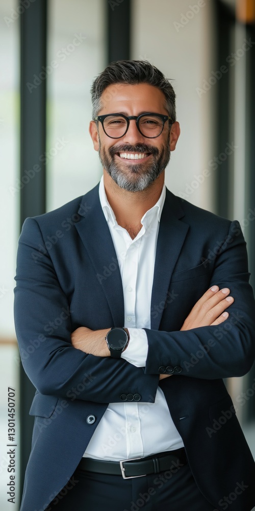 A man in a suit and glasses is smiling and posing for a picture. He is wearing a watch and a belt
