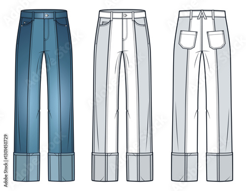 Straight-Leg Cuffed Jeans Technical Fashion Illustration. Color Block Denim Pants fashion flat technical drawing template, pockets, front and back view, white, blue, women, men, unisex CAD mockup set.