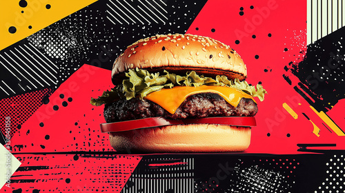Bright burger - a juicy cheeseburger with lettuce, tomatoes, cheese and a beef patty is depicted in a graphic style with rich colors and dynamic brushstrokes..