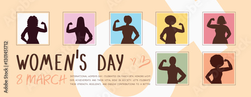 Celebrate March 8 Women’s Day: Banner & post featuring 7 diverse females with stunning harmonious tones. Ideal for social media & all design needs. #March8 #WomensDay