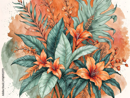 Obraz na płótnie Flowers wall art, floral background, water colour painting, botanical wallpaper, artistic backdrop, template w salonie