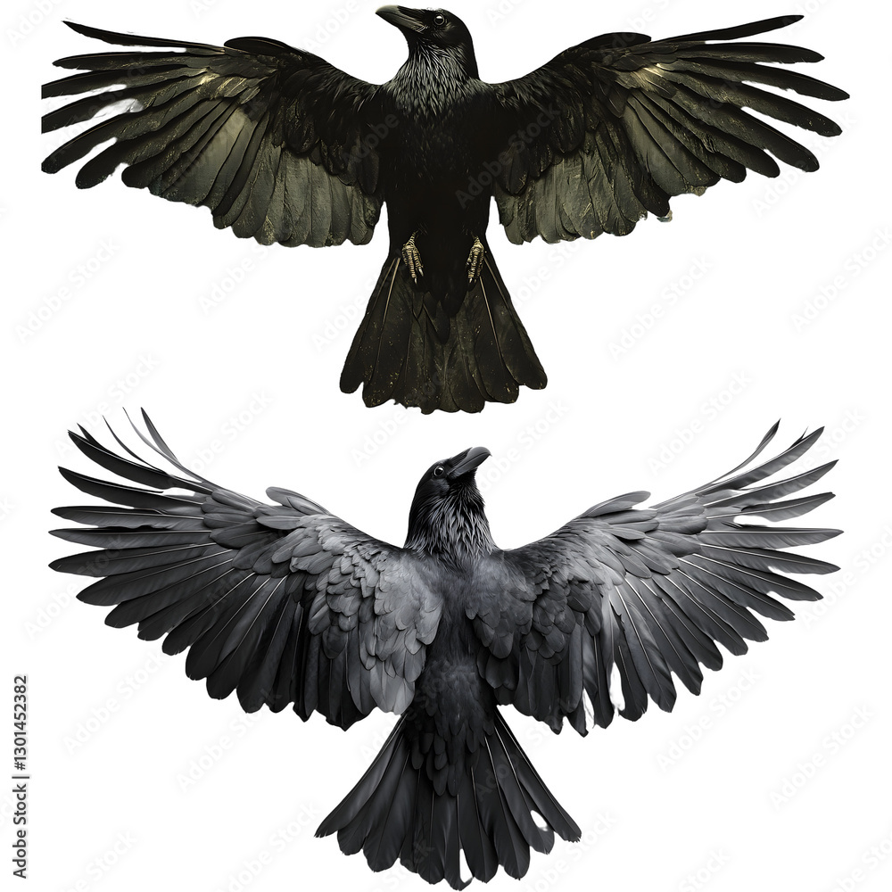 Obraz premium Carrion crow with wide-spread wings isolated against white background