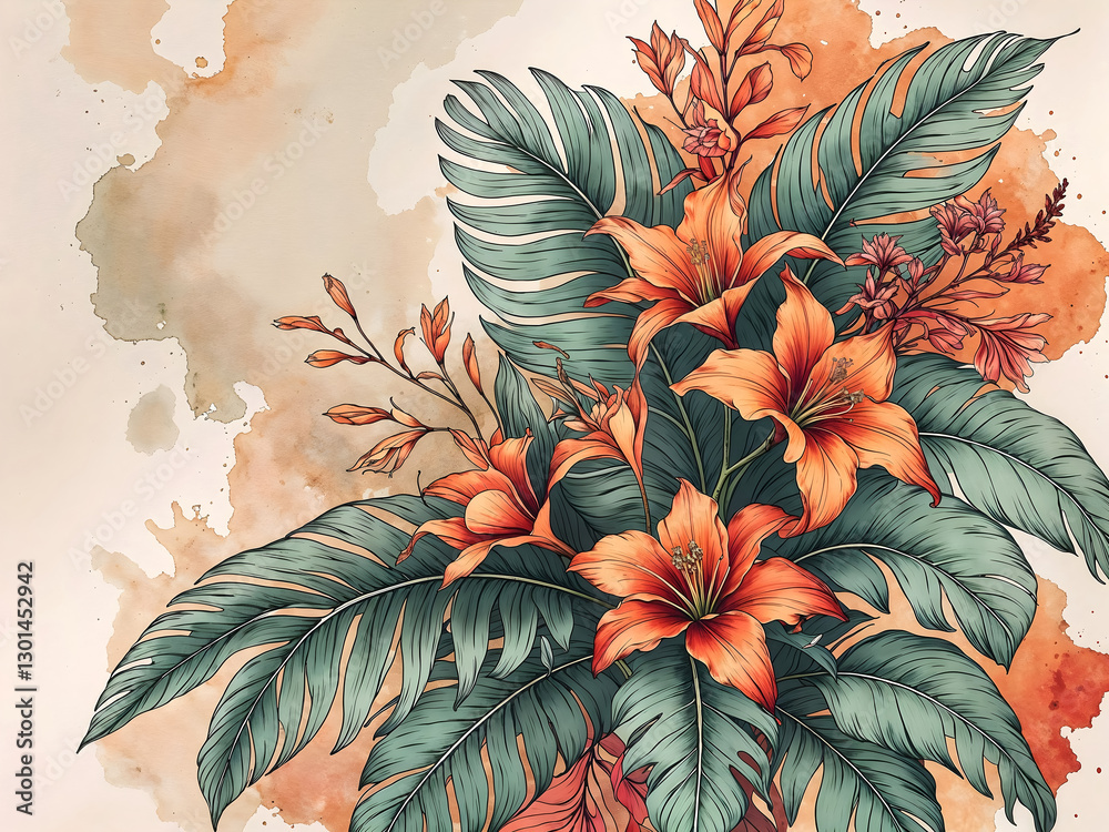 Flowers wall art, floral background, water colour painting, botanical wallpaper, artistic backdrop, template
