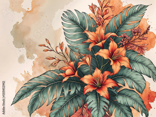 Obraz na płótnie Flowers wall art, floral background, water colour painting, botanical wallpaper, artistic backdrop, template w salonie