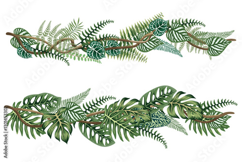 Tropical palm leaves, fern, plants, liana botanical composition. Exotic jungle floral illustration.