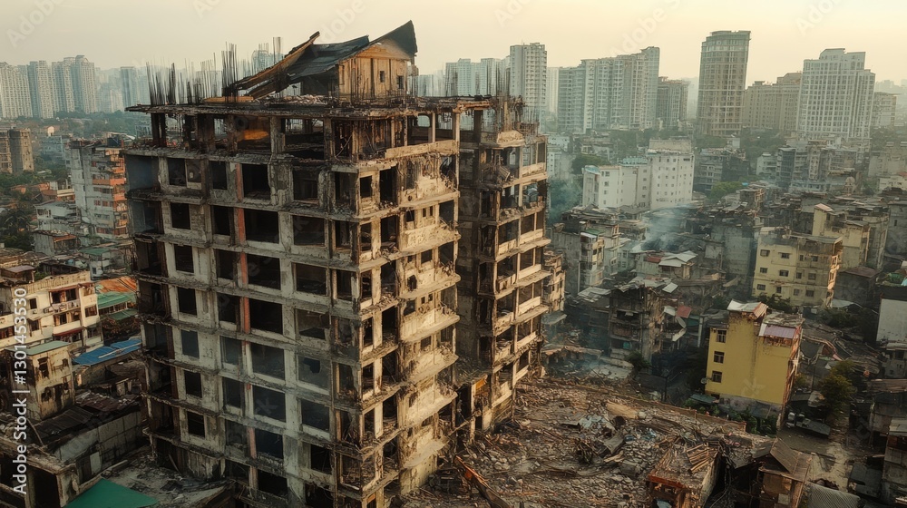 Fototapeta premium Destroyed urban building ruins with cityscape background.