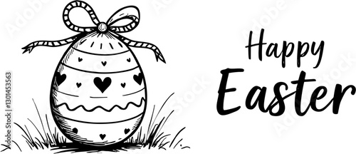 black and white vector line, Illustration of a festive egg and the inscription Happy Easter
