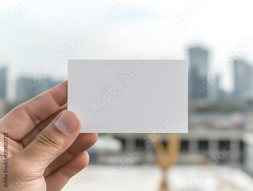 Blank card held in hand. Add your message to this clean, crisp image. The background features a blurred cityscape.  Modern, simple, customizable