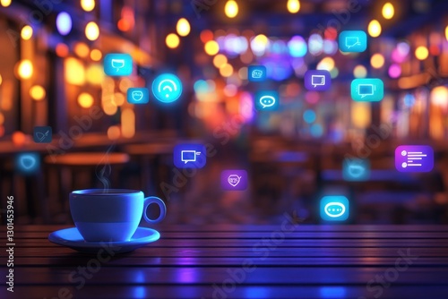 Steaming Coffee Cup Surrounded by Digital Interaction Icons in a Lively Caf? Setting