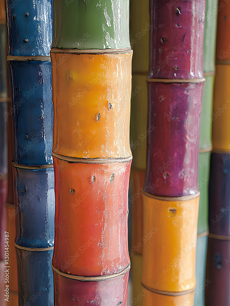 Colorful painted bamboo poles close-up Colorful painted bamboo poles close-up